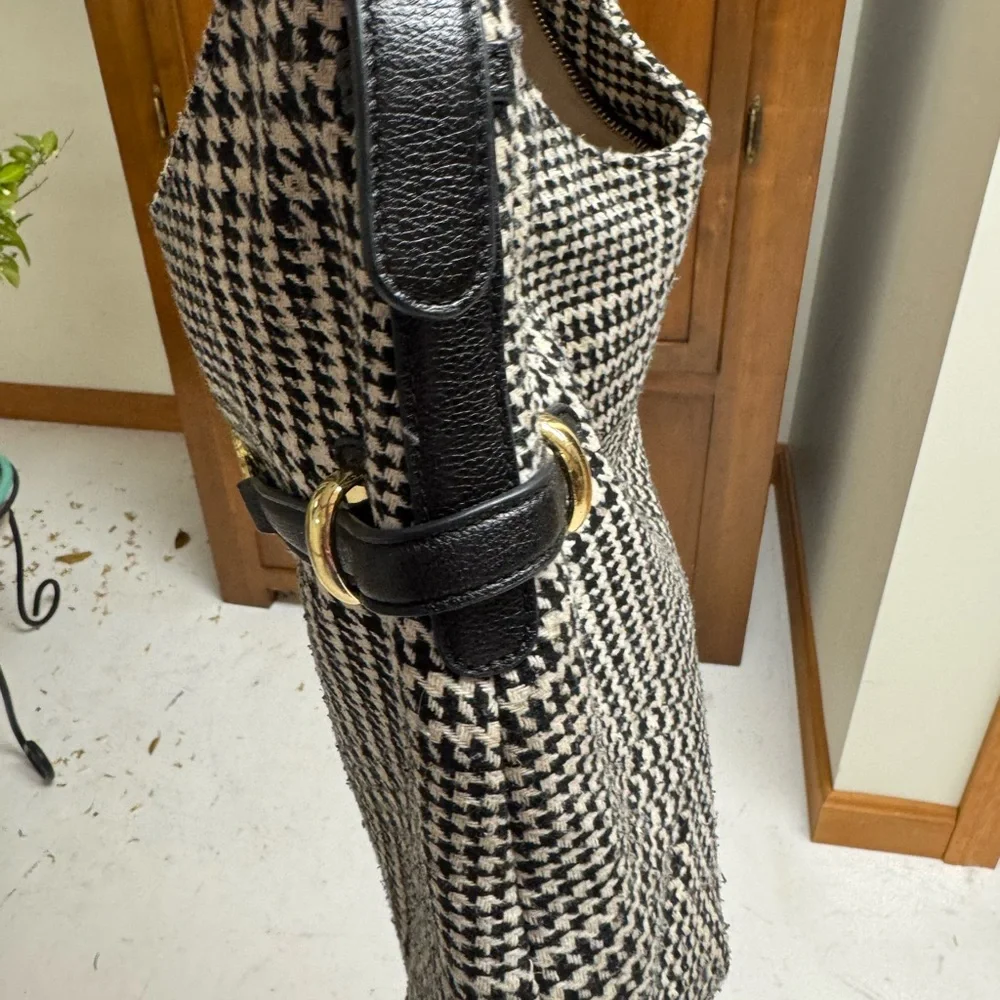 Talbots BlackWhite Houndstooth Tweed Bag satchel 11x12x3 adjustable strap